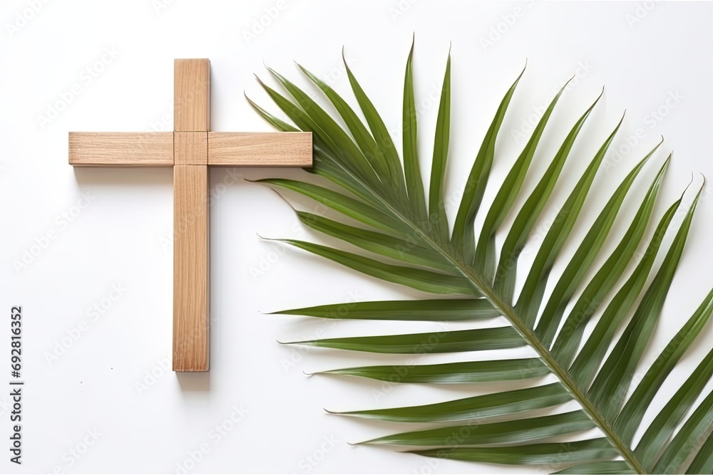 Palm sunday and easter day for welcome Jesus King to Jerusalem before Easter day. Hand Hold palm leave on white background easter sign symbol concept, World Environment Day Green coconut leaves - obrazy, fototapety, plakaty 