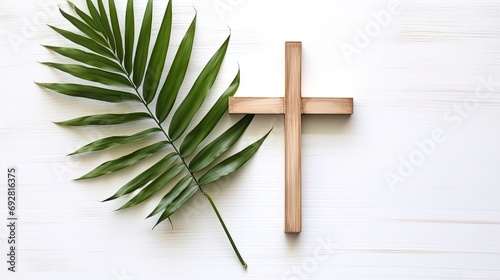 Palm sunday and easter day for welcome Jesus King to Jerusalem before Easter day. Hand Hold palm leave on white background easter sign symbol concept, World Environment Day Green coconut leaves photo