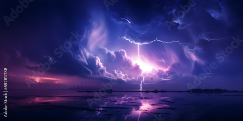 Purple and purple lightning storm,Arafed image of a lightning bolt over a river at nigh background,Severe weather with heavy lightning night sky