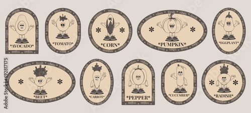 Retro groovy cartoon characters vegetables sticker pack and patches. Vintage funny mascot labels with psychedelic smile and emotion. Monochrome palette. Cute comic vector illustration