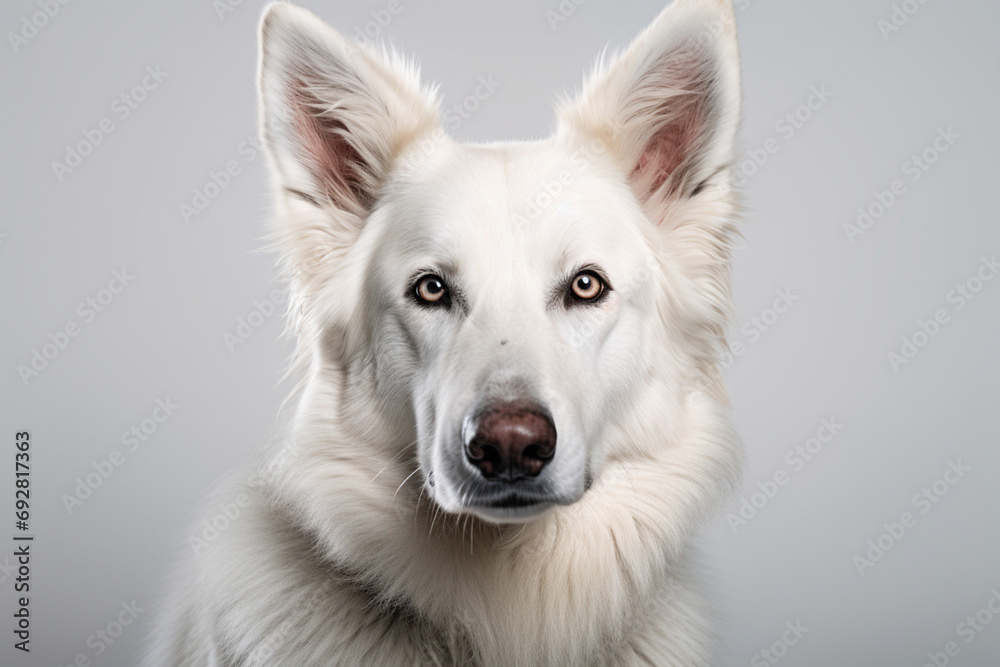 White German Shepherd Dog close-up portrait on a white background. White German Shepherd Dog close-up portrait on a white background.