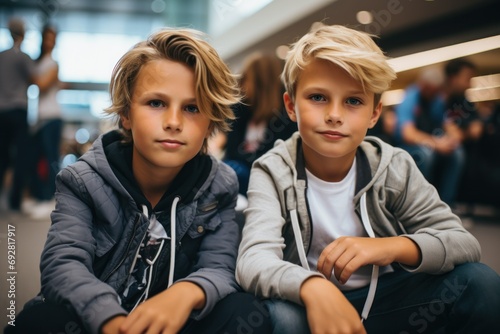 Twin Boys with Stylish Haircuts and Casual Fashion
 photo