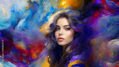 A captivating portrait of a stunning woman with piercing eyes, gazing directly at the viewer. Her face is set against a mesmerizing explosion of vibrant colors, creating a striking contrast between he