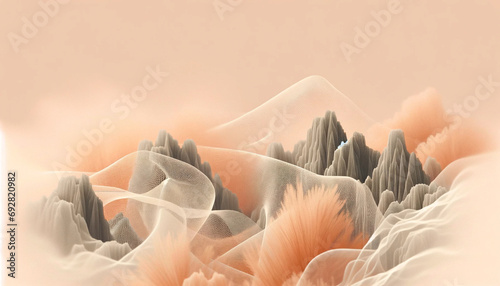 Pantone 2024 Peach Fuzz, color of the year header, Abstract Landscape with Fabric Waves and Pantone Swatch
