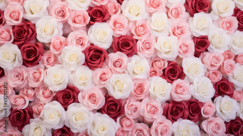 Natural fresh red pink and white roses flowers pattern wallpaper. top view, Red rose flower wall background. © Davin
