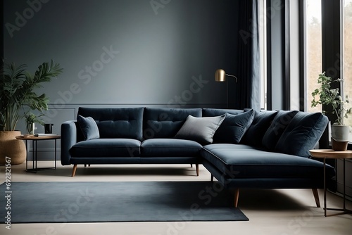 A sleek, midnight blue sofa and recliner chair sit in the center of a minimalist Scandinavian apartment, surrounded by clean lines and natural light. © Naveen