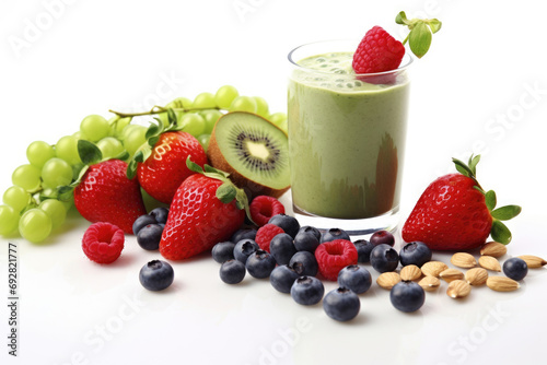 Healthy fitness food - fresh berries, nuts and a protein shake on a white background