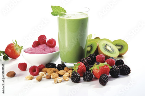 Healthy fitness food - fresh berries  nuts and a protein shake on a white background