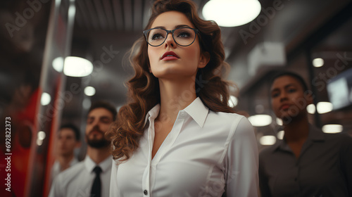 Confident female CEO - business leader - low angle shot - close-up shot - business attire - stylish fashion 