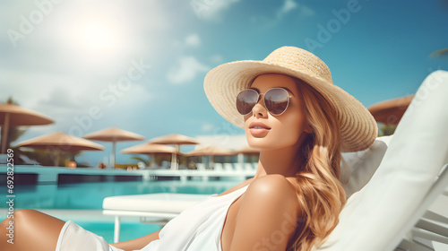 Beautiful caucasian woman relaxing at swimming pool during vacation