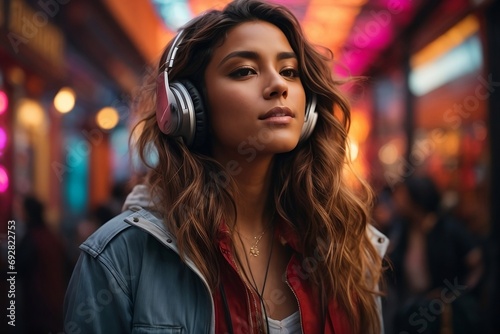 A woman with a trendy and cool vibe, lost in the music playing through her headphones.