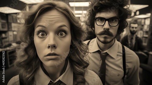 Close-up of office workers - frustrated aggravated - surprised - shocked - black and white - low angle shot - business humor 