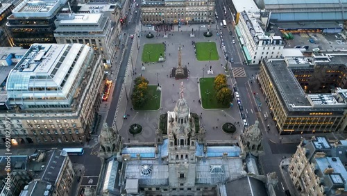 Establishing Aerial View Shot of Glasgow UK, Lanarkshire, Renfrewshire, Scotland United Kingdom, day, beautiful soft light. Aerial - Glasgow City from above.  photo