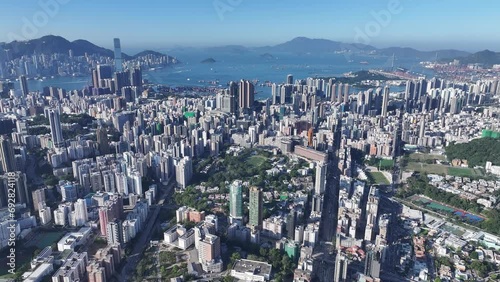 Drone Aerial Skyview in Sham Shui Po Cheung Sha Wan Prince Edward Shek Kip Mei, a busy street with Urban renewal development construction project crowded old traditional densely residential site photo