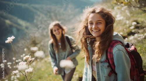 a pleasant spring hike, happy teenage girls walking along a mountain path colored with wildflowers with friends. A beautiful forest landscape. generative AI