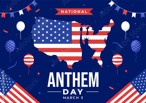 National Anthem Day Vector Illustration on March 3 with United States of America Flag in National Holiday Flat Cartoon Background Design