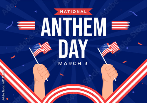 National Anthem Day Vector Illustration on March 3 with United States of America Flag in National Holiday Flat Cartoon Background Design