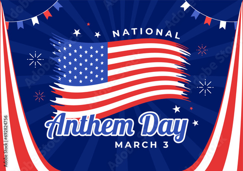 National Anthem Day Vector Illustration on March 3 with United States of America Flag in National Holiday Flat Cartoon Background Design
