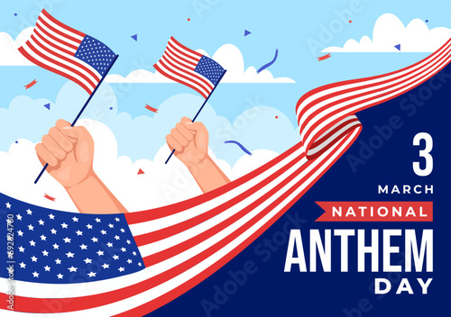 National Anthem Day Vector Illustration on March 3 with United States of America Flag in National Holiday Flat Cartoon Background Design