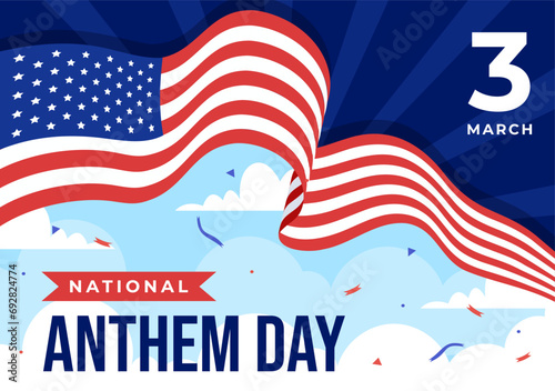National Anthem Day Vector Illustration on March 3 with United States of America Flag in National Holiday Flat Cartoon Background Design