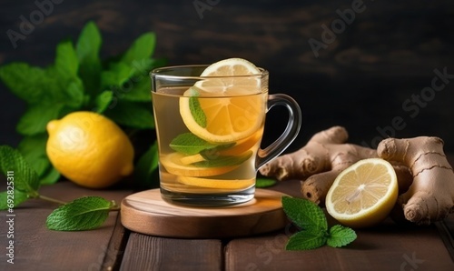 Invigorating Elixir: Glass of Ginger Tea with Lemon and Mint 