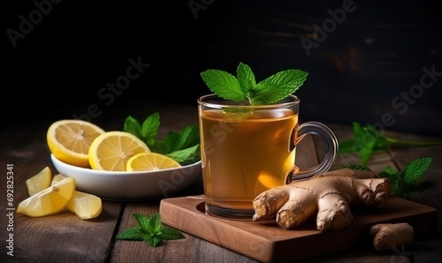 Invigorating Elixir: Glass of Ginger Tea with Lemon and Mint
