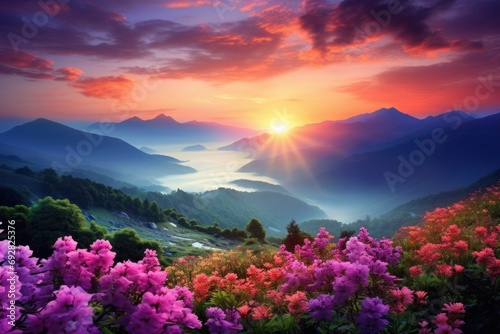 Morning Blossoms  Flowers in Different Colors with a Beautiful Mountain Landscape 