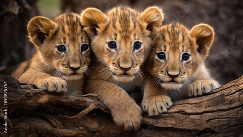 Three cute lion bear cubs posing and looking curious.Jungle life.