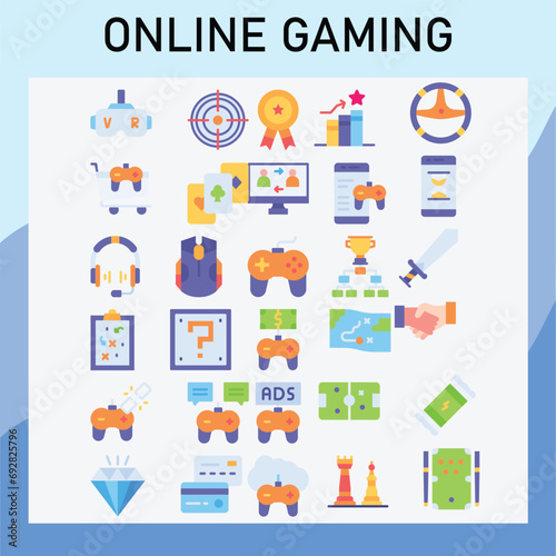  online gaming. flat icon collection. Editable stroke. Vector illustration