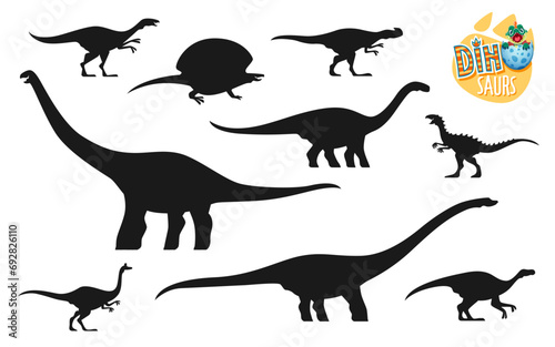 Dinosaurs silhouettes collection. Paleontology reptile  extinct Jurassic era vector lizard. Pelecanimimus  Kileskus  Cetiosaurus and Scutellosaurus  Maiasaura  Mamenchisaurus dinosaur silhouettes