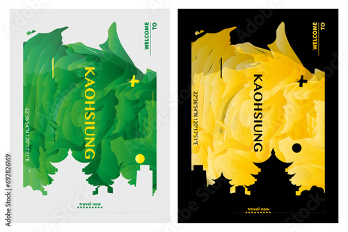 Kaohsiung city poster pack with abstract skyline, cityscape, landmark and attraction. Taiwan travel vector illustration layout set for vertical brochure, website, flyer, presentation