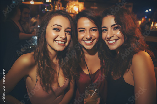3 young happy women taking selfie in nightclub