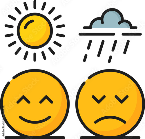 Seasonal affective disorder psychological disorder problem, mental health icon, depicting sun and cloud and faces with sad and happy expression, symbolizing the impact of reduced sunlight on mood