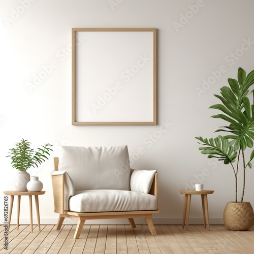 Modern interior design sofa in living room with mock up poster frame in wall at home, Neutral living room, empty nobody, 3D render.photo © GED