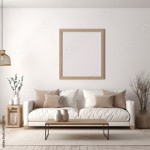 Modern interior design sofa in living room with mock up poster frame in wall at home, Neutral living room, empty nobody, 3D render.photo