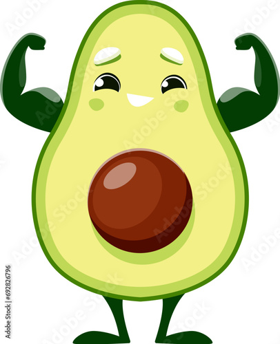 Cartoon strong avocado character for emoji or kawaii emoticon, isolated vector. Cute avocado with muscle arms from gym or bodybuilding training, kids mascot or food package personage
