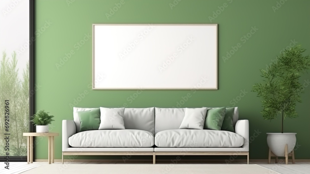 Modern interior design sofa in living room with mock up poster frame in wall at home, Neutral living room, empty nobody, 3D render.photo Modern interior design sofa in living room with mock up poster frame in wall at home, Neutral living room, empty nobody, 3D render.photo