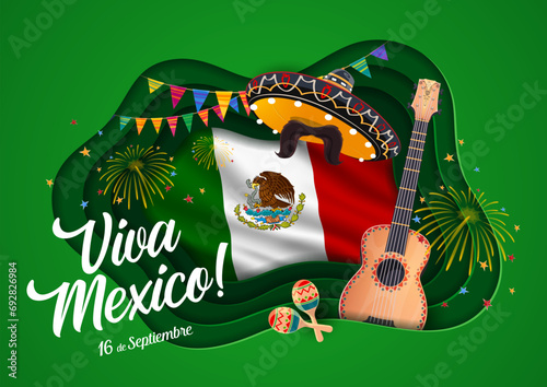 Viva Mexico paper cut banner for Mexican Independence Day holiday, vector background. Mexican sombrero with mustaches, mariachi guitar and maracas with fireworks and Mexico flag for Independence Day