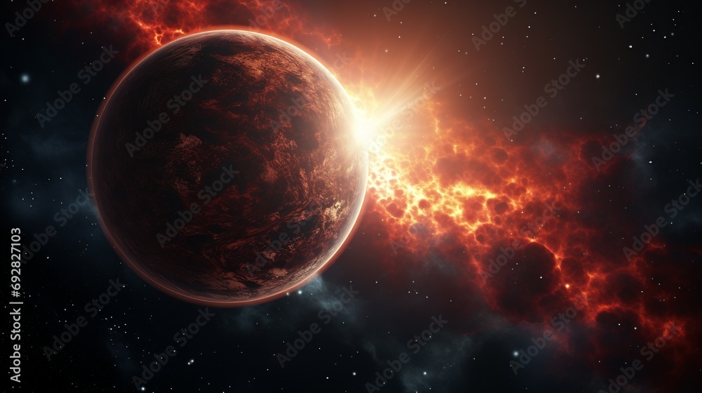 View of a beautiful planet in space during a sunrise 3D rendering, Generate AI.
