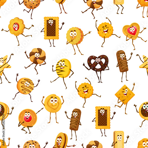 Cartoon cookie, pastry characters seamless pattern. Funny biscuit personages vector background of sweet dessert food. Cute chocolate chip, oatmeal and sandwich cookies, crackers and pretzel backdrop