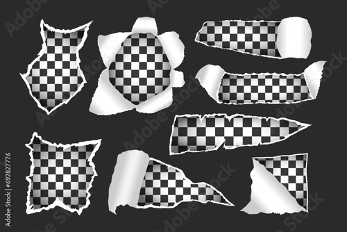 Torn paper frame set collection on black background, transparent White ripped paper strips, Holes from torn paper. Decoration and texture. copy space vector illustration