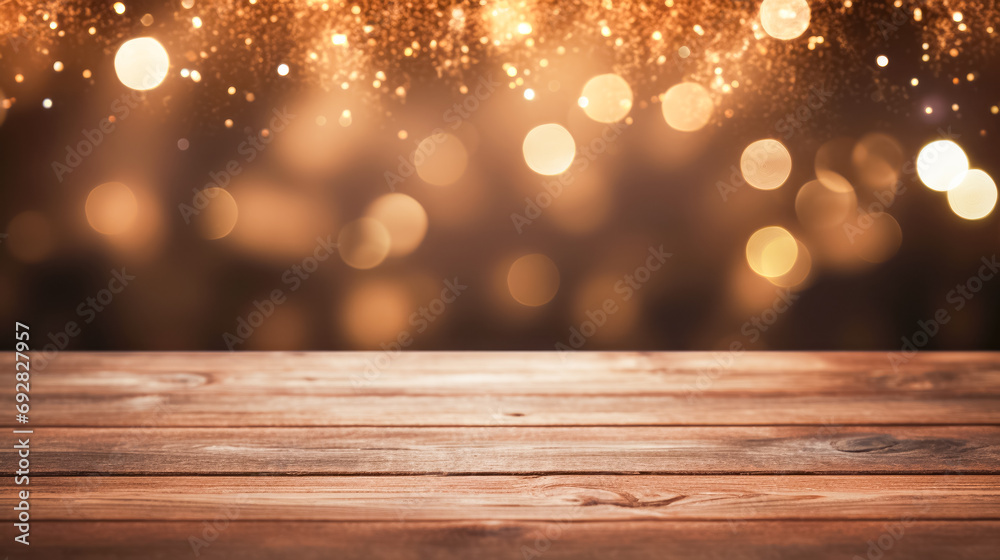 Wooden table against bokeh light on christmas tree background