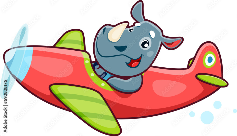 Cartoon rhino baby animal character on plane. Adorable african rhino