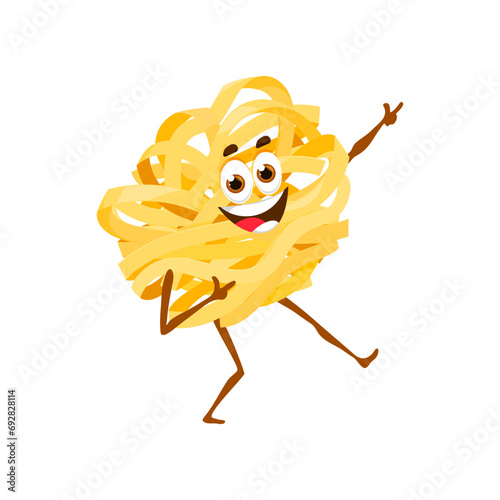 Cartoon fettuccine pasta character dancing, vector traditional italian cuisine food. Funny fettuccine macaroni nest personage having fun with happy smiling face, making finger gun gesture