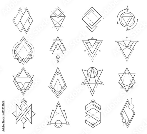 Geometric boho tattoo linear symbols with sacred geometry art and vector mystic tribal signs. Geometric boho tattoo with circle and triangle lines, alchemy magic and ethnic esoteric or occult symbols