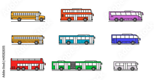 City, travel and school bus color line icons. Urban and public transport, city passenger transportation outline vector pictogram with doubledecker, airport transfer and tourism travel, articulated bus