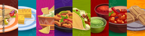 Mexican cuisine food collage. Tex mex food. Mexican takeaway restaurant meals menu vector background, Mexico Tex Mex banner with taco, nacho chips and guacamole sauce, enchiladas, tamale and corn