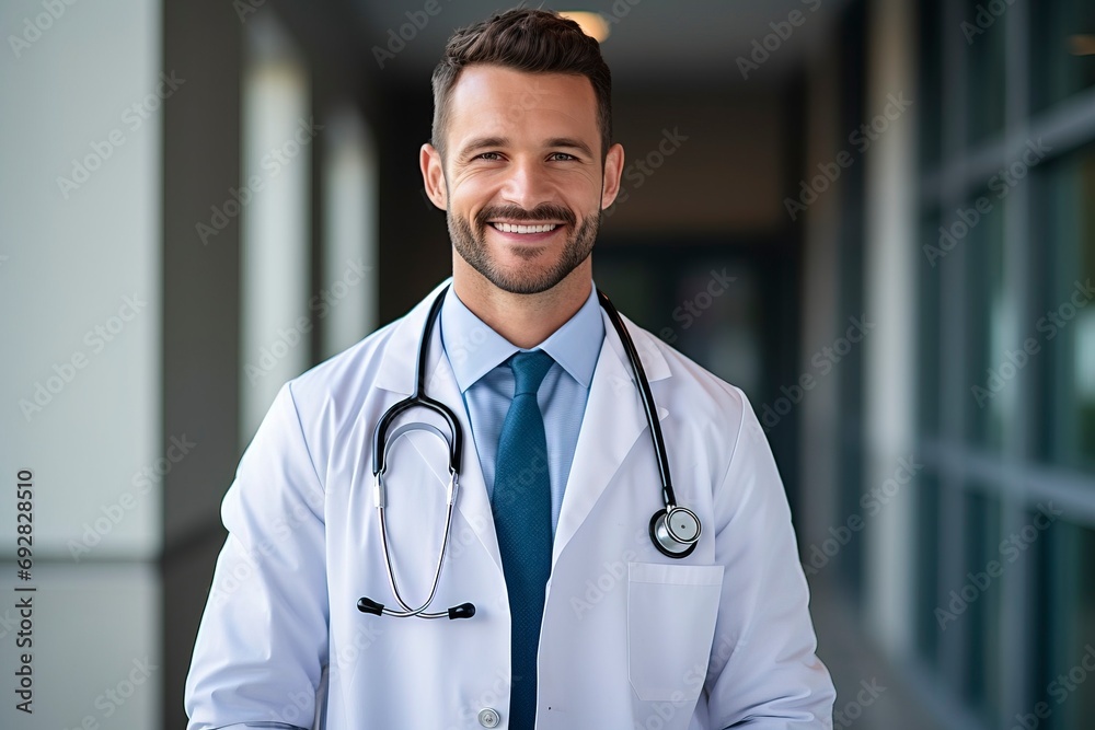 photo smiling doctor with strethoscope isolated, one color background with generative ai - obrazy, fototapety, plakaty 