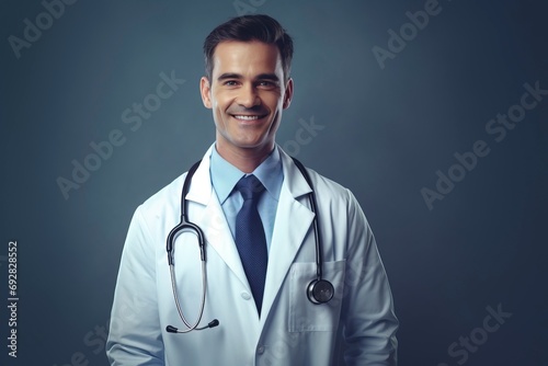 photo smiling doctor with strethoscope isolated, one color background with generative ai