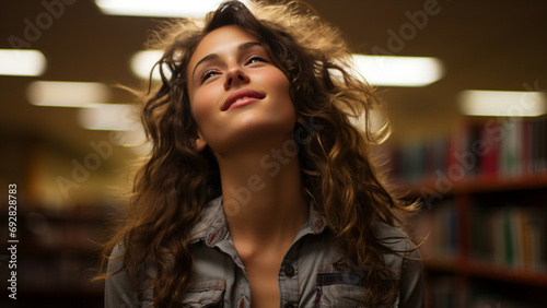 Portrait of a beautiful young woman with curly hair in a library,Generative AI